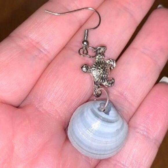 Dangle Earrings Genuine Handcrafted Seashell Turtle Blue Gray Coastal Beach - Picture 5 of 15